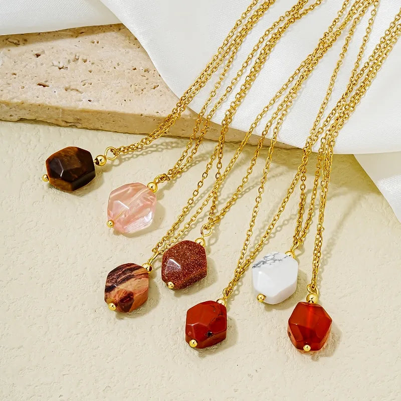 Necklaces For Busy Days-Wholesale Simple Style Geometric Rhombus 304 Stainless Steel Natural Stone Copper Plating Three-Dimensional Inlay K Gold Plated Natural Stone Pendant Necklace