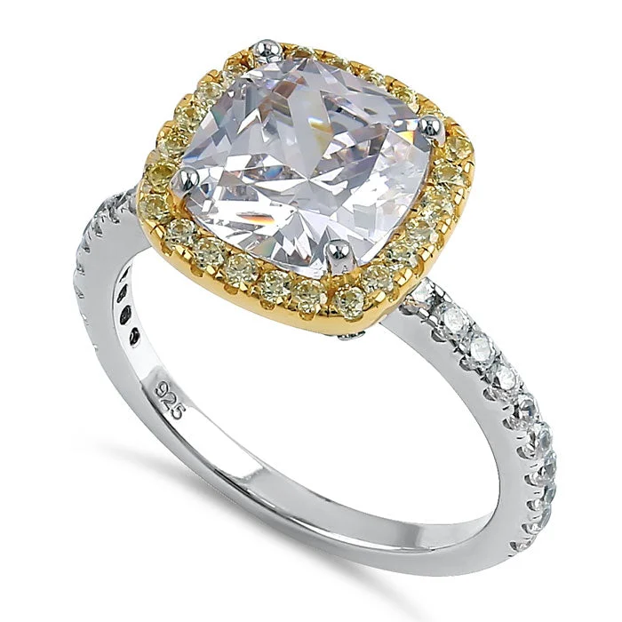 Rings Shine Maintenance-Sterling Silver Muti-Plated Cushion Cut Yellow and Clear CZ Ring