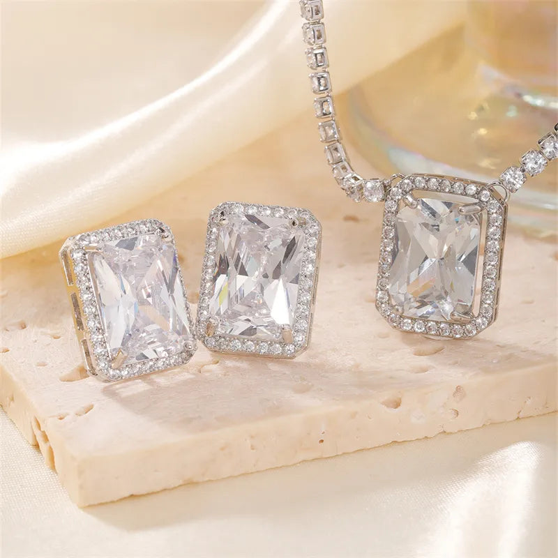 Necklaces For Chain Links-Copper Rhodium Plated Simple Style Shiny Inlay Rock Candy Zircon Rings Necklace Jewelry Set