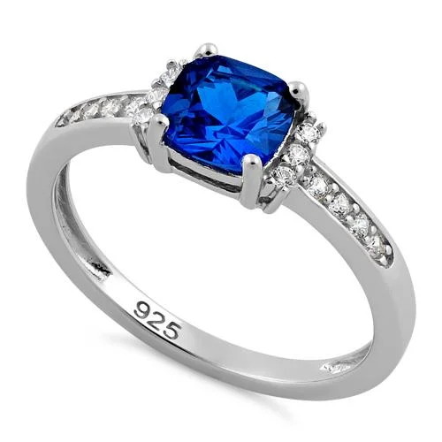 Rings For Thin Tops-Sterling Silver Cushion Blue Spinel CZ Ring