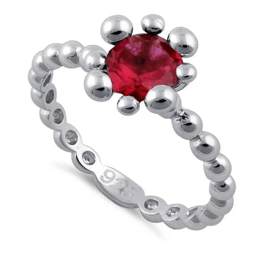 Rough Rings For Edge-Sterling Silver Beaded Ruby Round CZ Ring