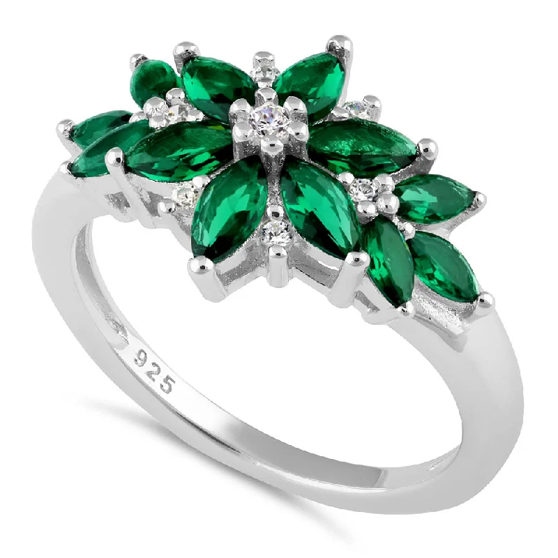 Rings For Broad Palms-Sterling Silver Green Flower CZ Ring