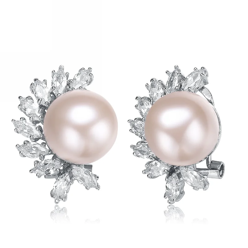 Earrings For Long Wear-C.Z. Sterling-Silver Faux-Pearl and Cubic Zirconia Stud Earrings with Omega Clasp