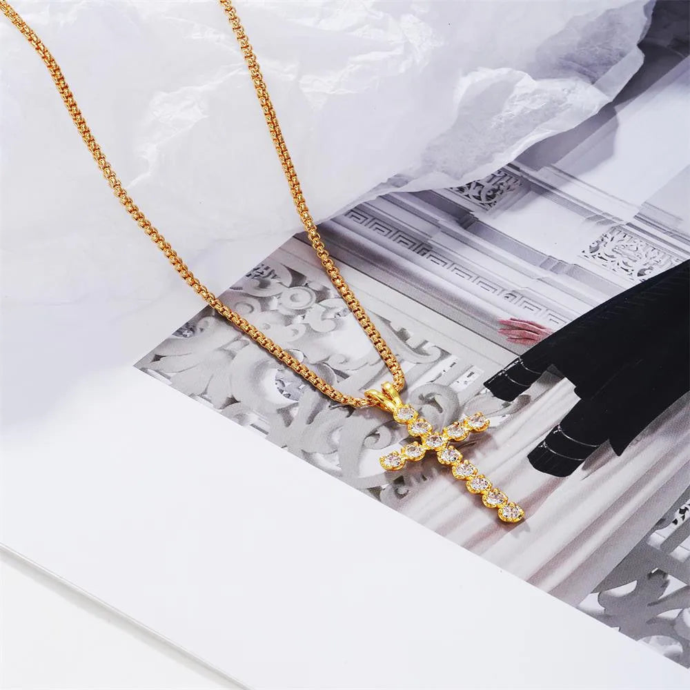 Necklaces Warranty Info-Elegant Luxurious Bridal Cross Copper Plating Inlay Zircon 18k Gold Plated Pendant Necklace