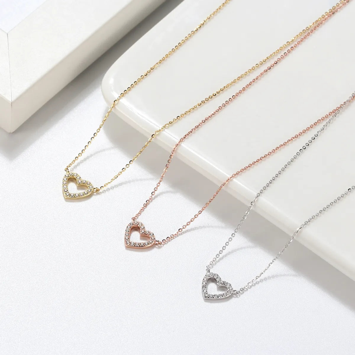 Necklaces For Wet Days-Simple Style Classic Style Heart Shape Sterling Silver 14k Gold Plated Rose Gold Plated White Gold Plated Zircon Pendant Necklace In Bulk