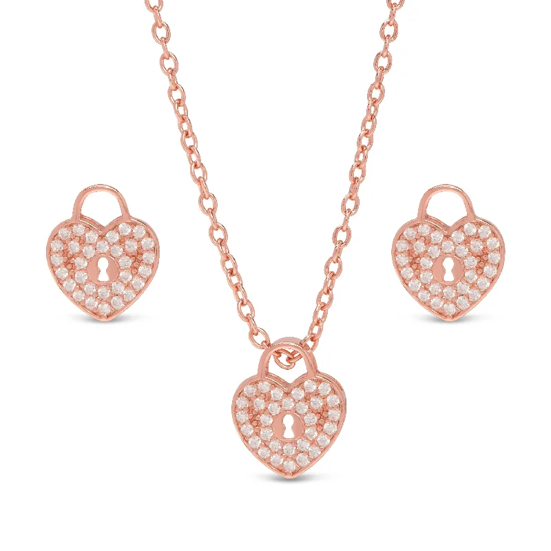 Earrings Care Tips-Pave CZ Heart Lock Necklace and Earrings Set in Rose Gold over Sterling Silver