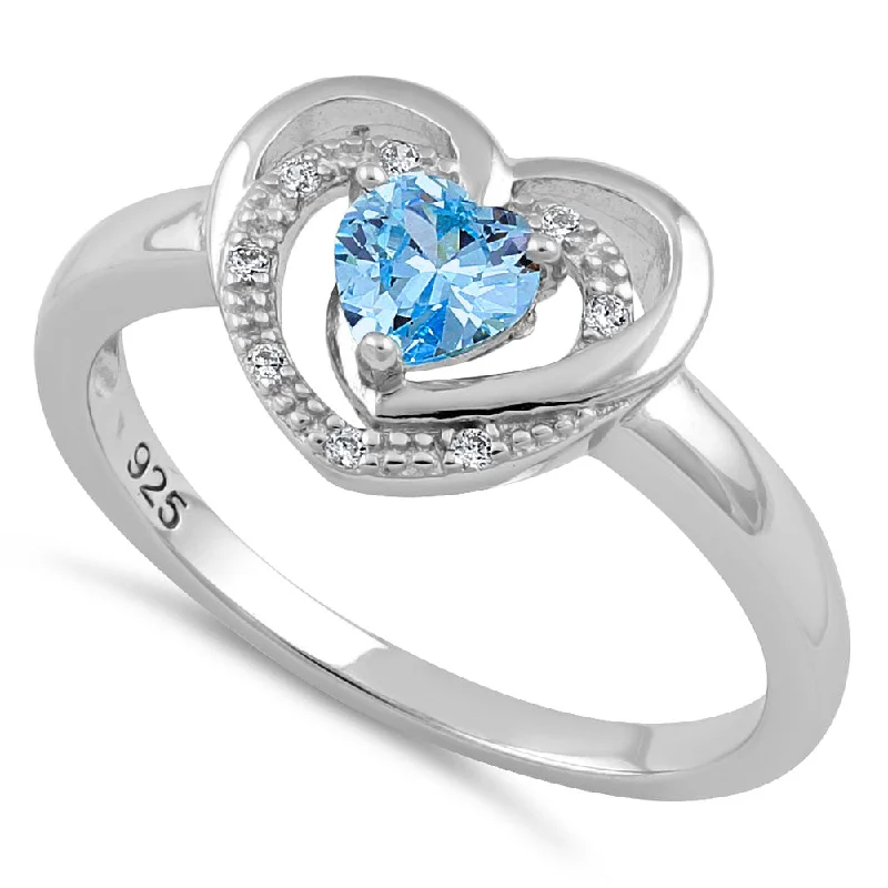 Rings Style Chart-Sterling Silver Precious Heart Aqua Blue CZ Ring