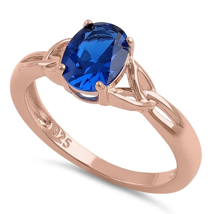 Eco-Friendly Rings-Sterling Silver Rose Gold Plated Charmed Oval Blue CZ Ring