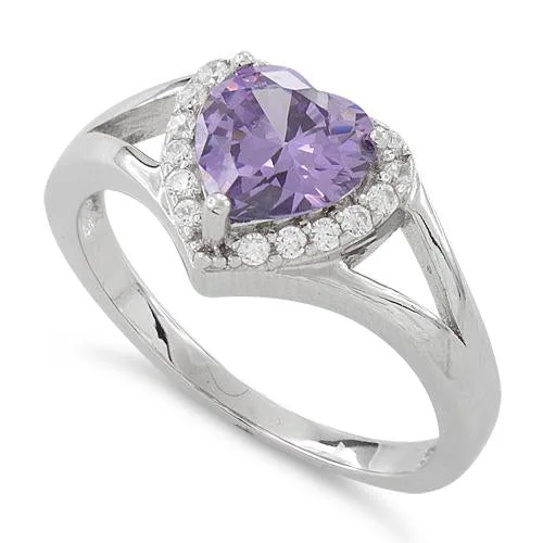 Rings Gem Options-Sterling Silver Heart Shape Amethyst CZ Ring