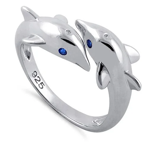 Rings For Calm Nights-Sterling Silver Twin Dolphin Blue CZ Ring