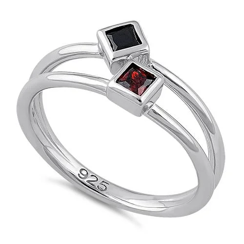 Rings Hold Test-Sterling Silver Double Princess Cut Black & Garnet CZ Ring