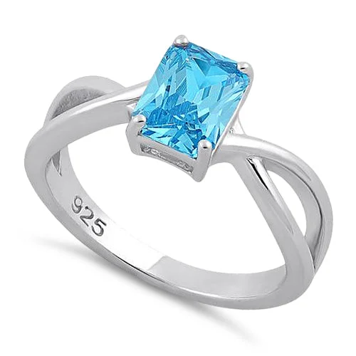 Rings For Nighttime Vibes-Sterling Silver Twist Emerald Cut Aqua Blue CZ Ring