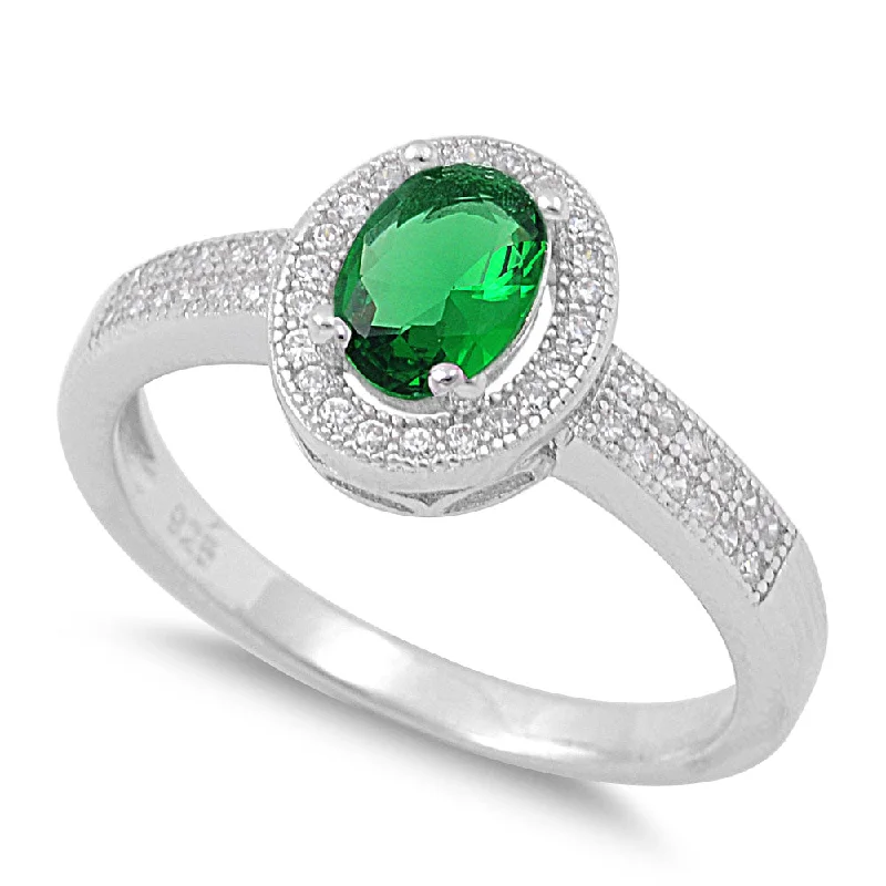 Rings For Sunny Outings-Sterling Silver Emerald CZ Oval Halo Ring