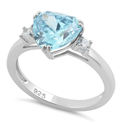 Rings Wear Tips-Sterling Silver Trillion Cut Aqua Blue CZ Ring