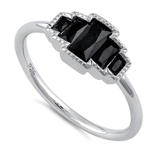 Rings Shine Test-Sterling Silver Five Radiant Cut Black CZ Ring