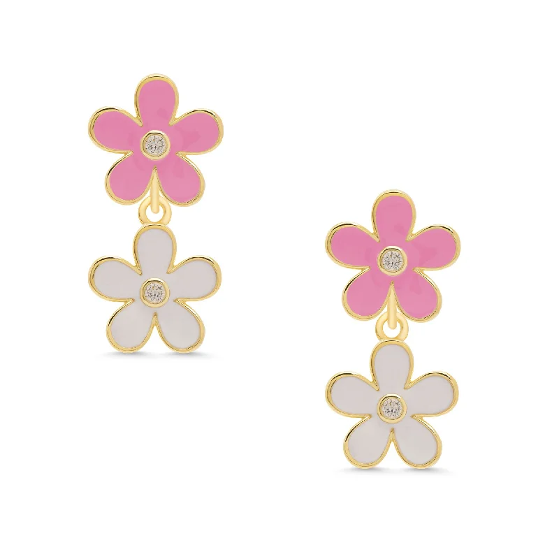 Earrings For Sandy Days-Double Flower CZ Dangle Earrings - Pink/White