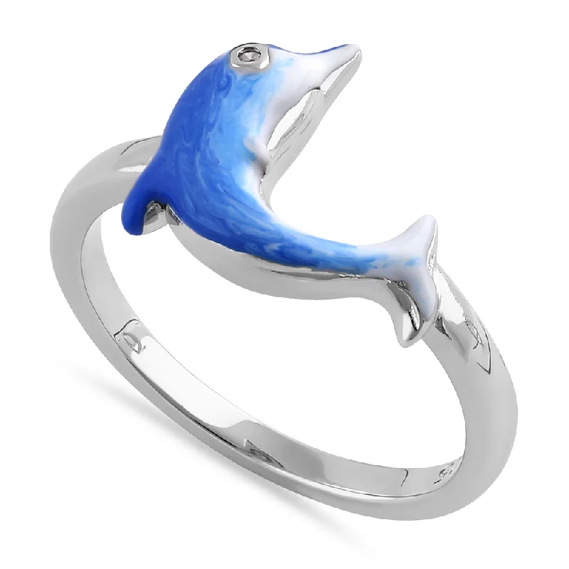 Rings For Festive Days-Sterling Silver Hand-Painted Dolphin Multi Colored Dolphin with CZ Ring