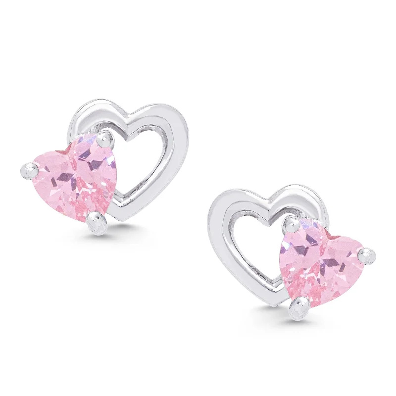 Earrings Brand Reviews-Pink CZ Double Heart Stud Earrings in Sterling Silver