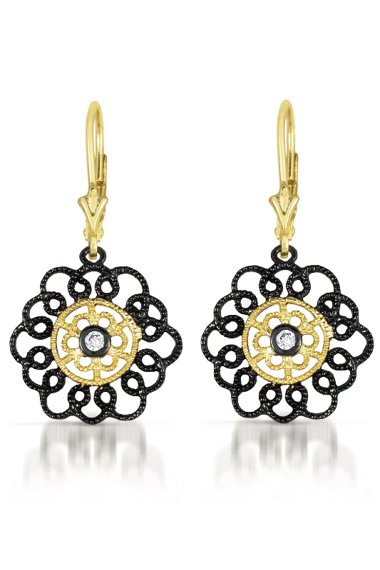 Earrings Shine Guide-Annette Black And Gold Plated Lace Flower Euro Earrings