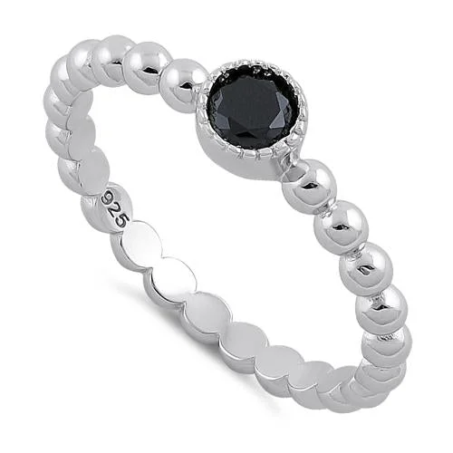 Rings For Kids-Sterling Silver Round Cut Beaded Black CZ Ring