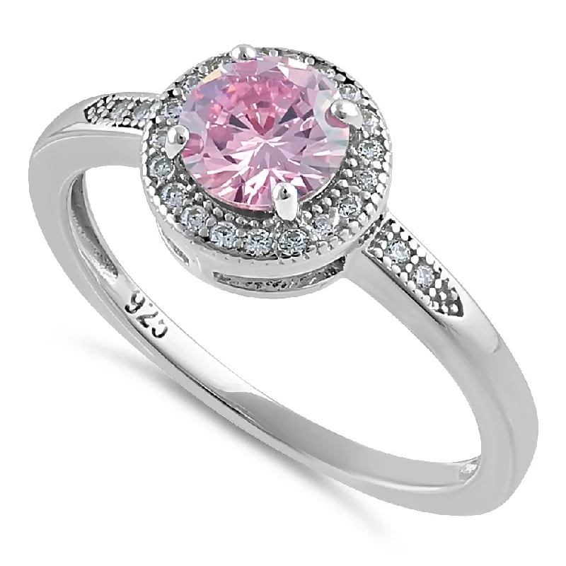 Rings For Suit Looks-Sterling Silver Elegant Round Halo Pink CZ Ring