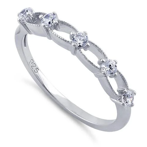 Rings Style Reviews-Sterling Silver Clear Five Round Stones CZ Ring