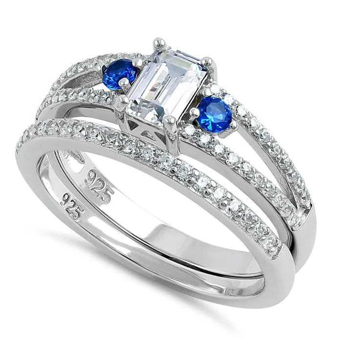 Rings For Vintage Looks-Sterling Silver Clear and Blue CZ Wedding Set Ring