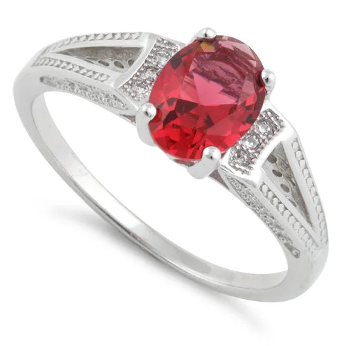 Rings For Wide Fits-Sterling Silver Ruby Oval Cut CZ Ring