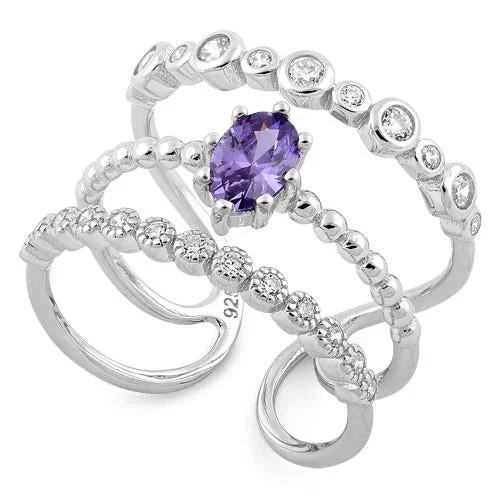 Vivid Rings For Pop-Sterling Silver Triple Amethyst CZ Ring