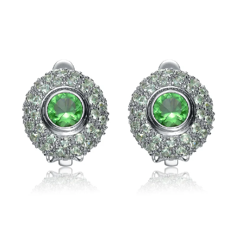 Earrings For Fancy Dresses-Sterling Silver Green and Clear Cubic Zirconia Button Ring Earrings