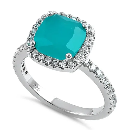 Rings For Prom Nights-Sterling Silver Cushion Cut Light Green Cloudy Glass and Clear CZ Ring