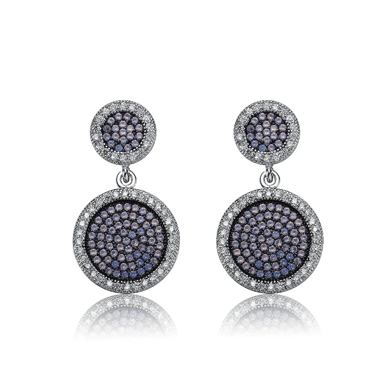 Earrings For Full Events-CZ SS Black And Rhodium Plated Round Drop Earrings