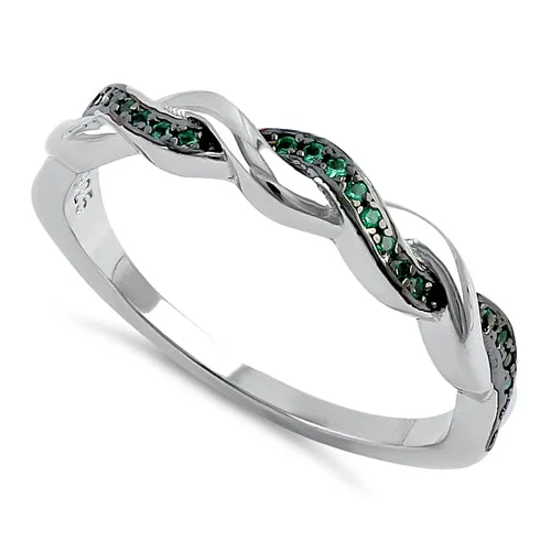 Rings For Outdoor Fun-Sterling Silver and Black Rhodium Plated Braided Green CZ Ring