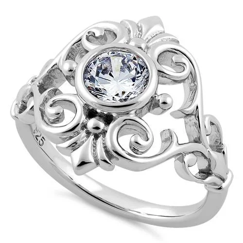 Rings With Small Gems-Sterling Silver Fleur-de-lis Vines Clear CZ Ring