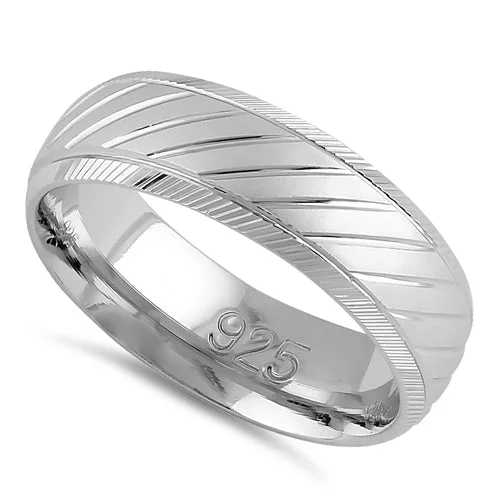 Rings Style Reviews-Sterling Silver Diamond Cut Slanting Lines Wedding Band Ring