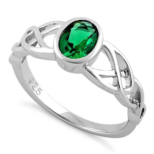 Rings For Young Teens-Sterling Silver Oval Green CZ Celtic Ring