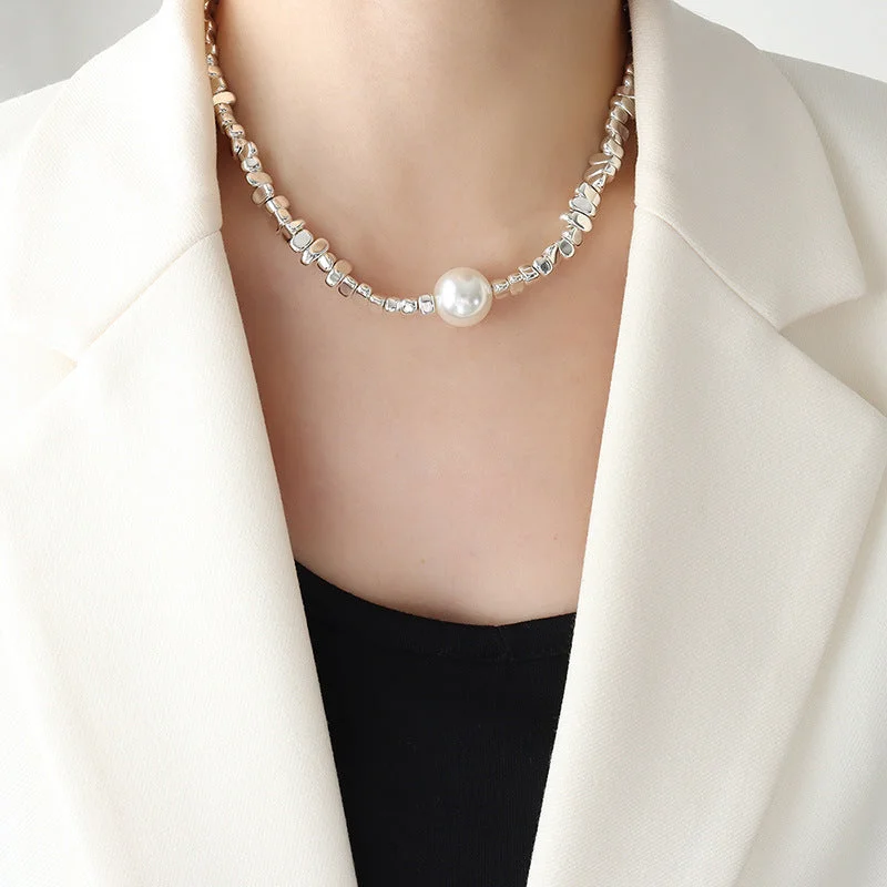 P983-Steel Pearl Necklace-40+5cm