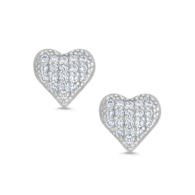 Earrings With Long Drops-Pave CZ Heart Stud Earrings in Sterling Silver