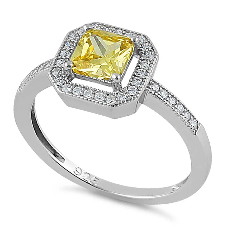 Slim Rings For Elegance-Sterling Silver Yellow CZ Cushion Halo Ring