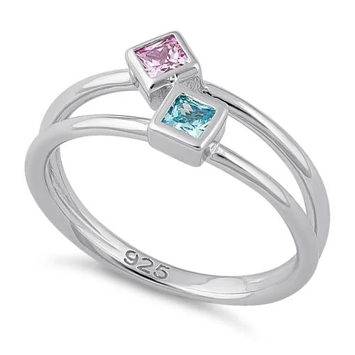 Rings For Flat Style-Sterling Silver Double Princess Cut Pink CZ Ring