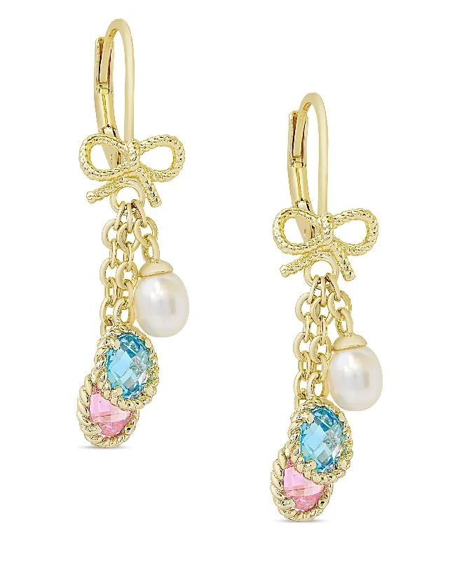 Earrings For Cold Weather-CZ and Pearl Charms Bow Earrings