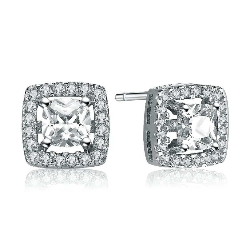 Earrings Tarnish Tips-Sterling Silver Oval Cubic Zirconia Solitaire with Square Halo Earrings