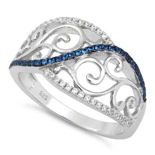 Rings For Travel Kits-Sterling Silver Vines Blue Spinel CZ Ring