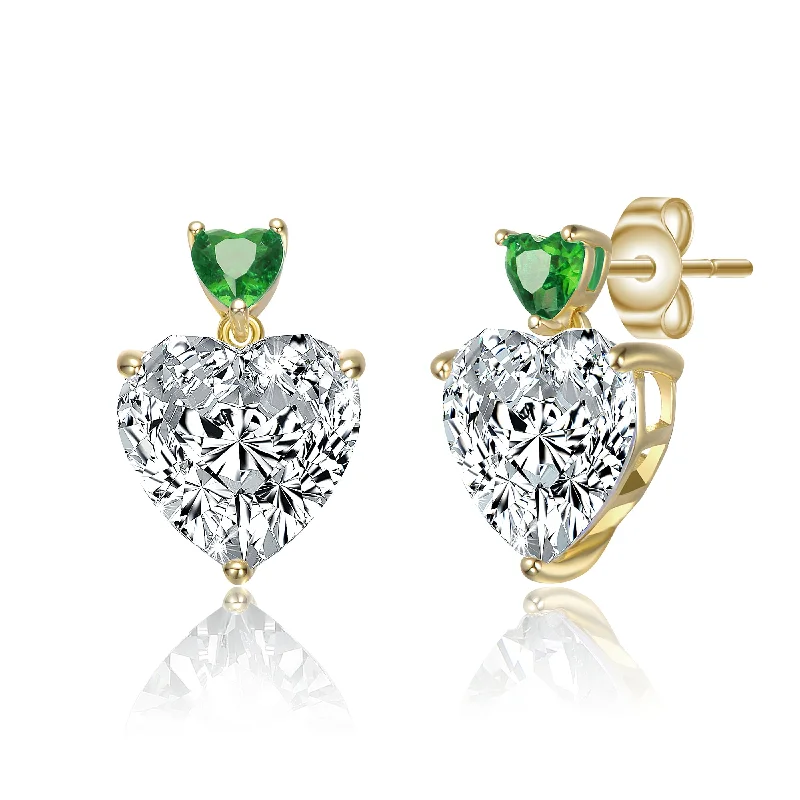 Best Luxe Earrings-Sterling Silver 14k Gold Plated with Colored Cubic Zirconia Two-Stone Heart Dangle Earrings