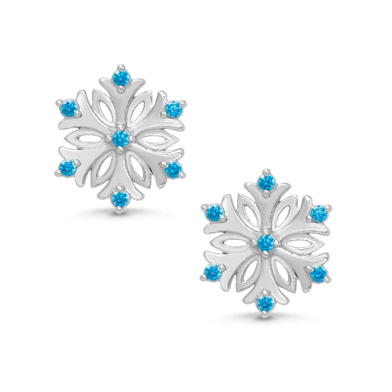 Earrings For Clip-On Style-Blue CZ Snowflake Earrings in Sterling Silver