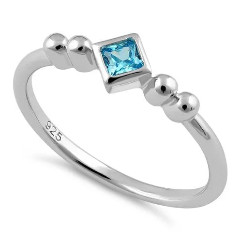 Rings For Young Teens-Sterling Silver Unique Square Aqua Blue CZ Ring