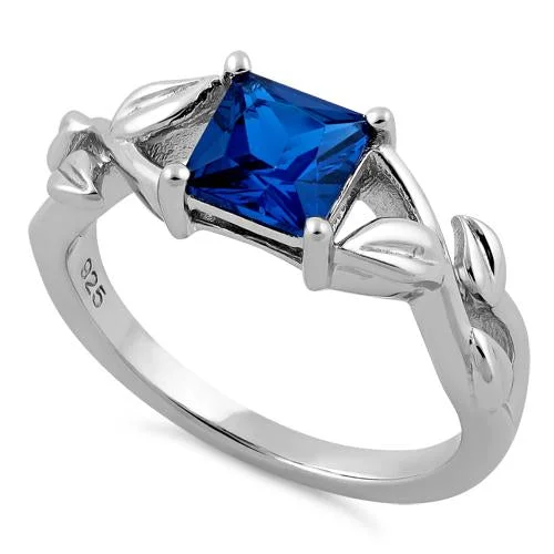 Rings For Work Outfits-Sterling Silver Leaves Vines Princess Cut Blue Spinel CZ Ring