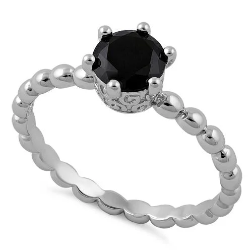 Rings For Snowy Days-Sterling Silver Crown Beaded Black CZ Ring