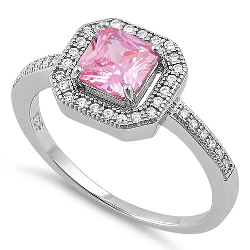 Rings For Cool Tones-Sterling Silver Pink CZ Cushion Halo Ring