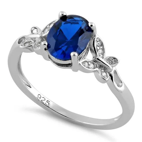 Rings For Slim Looks-Sterling Silver Double Butterfly Blue Spinel Center Stone CZ Ring